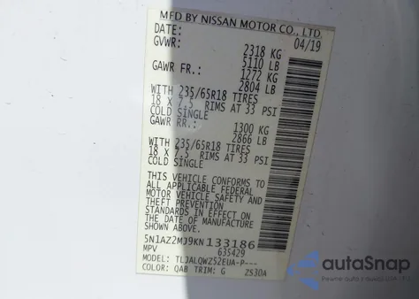 2019 Nissan Murano Sv from USA, damaged, VIN 5N1AZ2MJ9KN133186